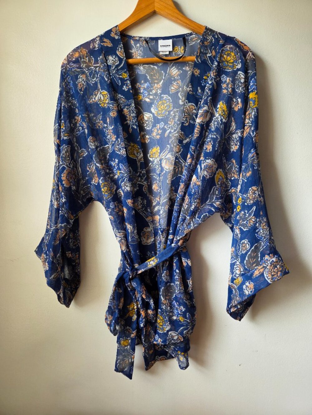 EUC LIKE NEW SONOMA GOODS FOR LIFE FLORAL OPEN BELTED KIMONO SWIM COVER UP OS